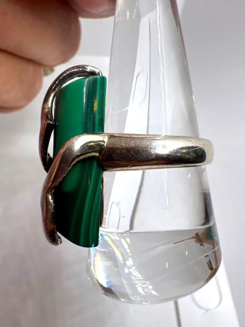 925 Sterling Silver Malachite Modernist Style Statement Ring Size 9 Wearable Art